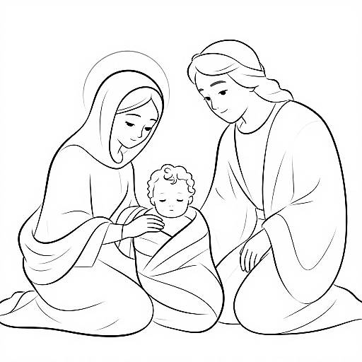 Black and white line drawing of Mary, Joseph, and baby Jesus sitting together, with halos above Mary and Joseph's heads.