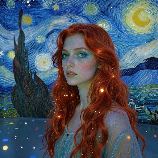 Digital artwork featuring a fair-skinned, red-haired woman with freckles, wearing a translucent dress, against a vibrant, swirling blue and yellow Van