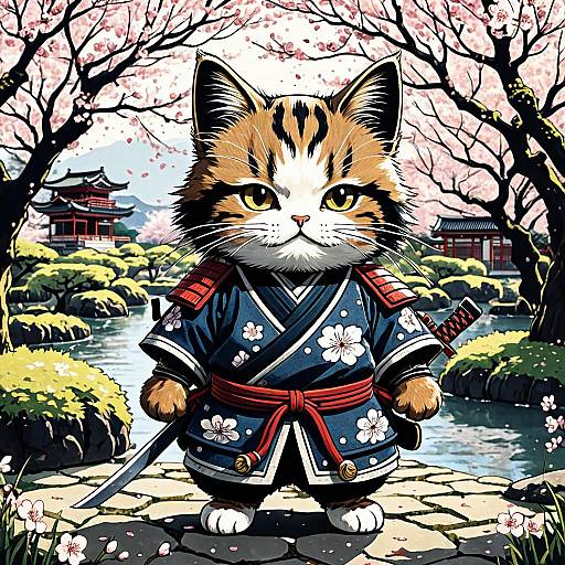 Cat Samurai in Cherry Blossom Garden