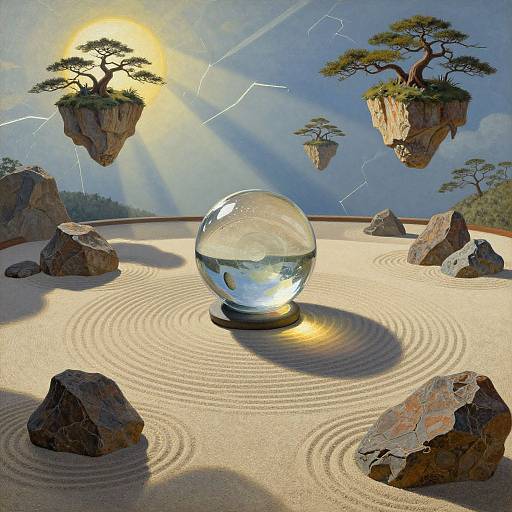 Photorealistic digital art of a clear glass sphere on a sand garden with raked patterns, surrounded by floating rock islands, under a bright sun with