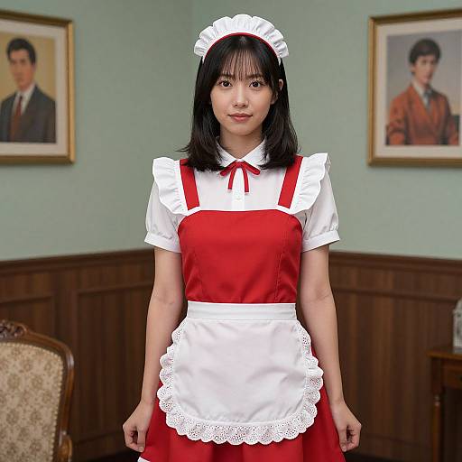 Photograph of an Asian woman in a red and white maid outfit with lace trim, standing in a room with framed portraits, wooden wainscoting