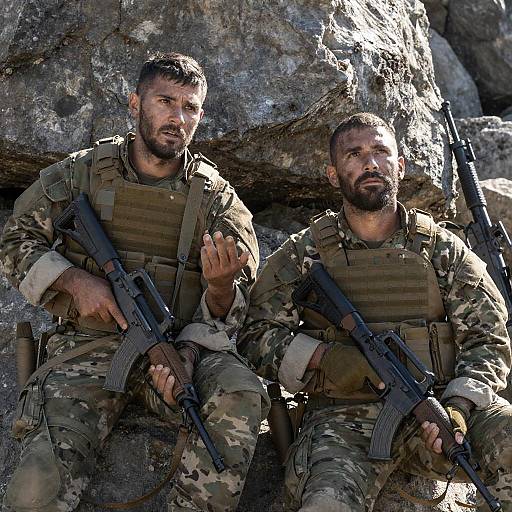 Two Soldiers in Tactical Gear Sitting on Rocky Terrain