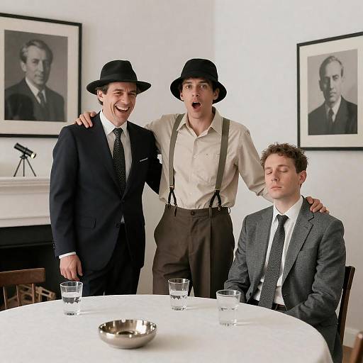 Three men in vintage attire in a formal room