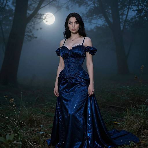 Photograph of a pale-skinned woman with long black hair in a dark blue, off-shoulder, ruched gown, standing in a