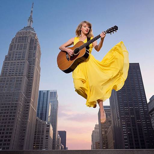 Photograph of a blonde woman in a flowing yellow dress, barefoot, playing an acoustic guitar, hovering above skyscrapers, with a sunset sky