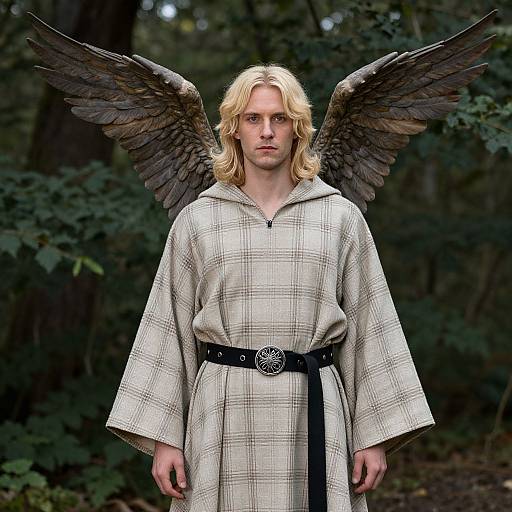 Photograph of a blonde, fair-skinned man with long hair and black angel wings, wearing a beige plaid robe with black belt, standing in