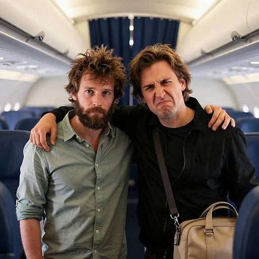 Two Friends Posing in Airplane Cabin