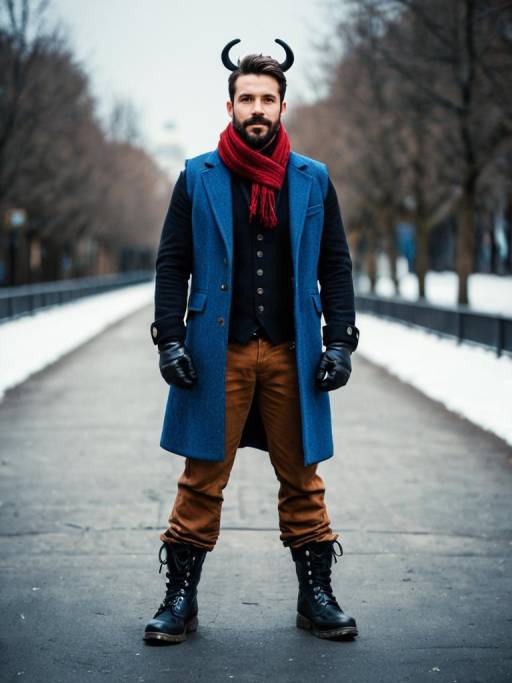 Man with Horns Wearing Winter Outfit Outdoors