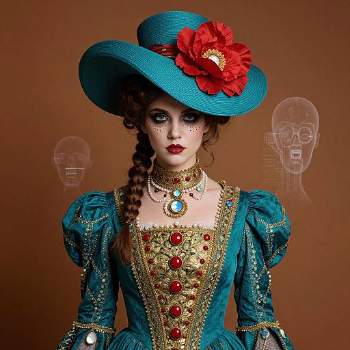 Steampunk-inspired woman with blue dress, intricate gold embroidery, red jewels, large teal hat with red flower, braided hair, brown background.