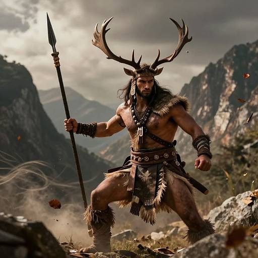 Muscular, shirtless warrior with antler headgear, holding spear, wears fur loincloth and bracelets, stands in rocky mountain landscape with cloudy