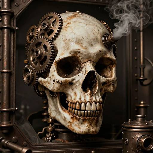 Photorealistic digital artwork of a weathered, brown-stained skull with gears and pipes, emitting smoke, set in a steampunk machine.