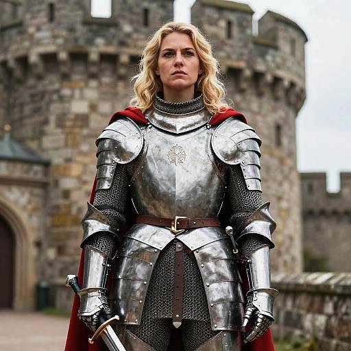 Photograph of a blonde woman in medieval silver armor with a red cape, standing in front of a stone castle. She holds a sword, with a