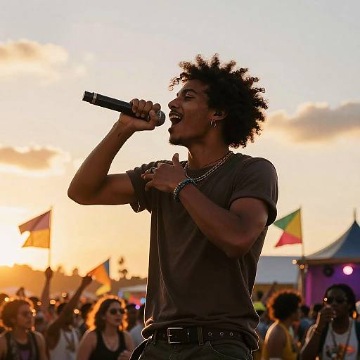 Photograph of a male singer with afro hairstyle, dark t-shirt, and chain necklace, passionately singing into a microphone at a vibrant outdoor festival during