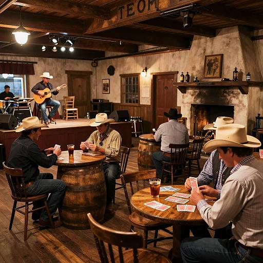 Photograph of a rustic western saloon with wooden barrels as tables, cowboys in hats playing cards, and a musician strumming guitar on stage