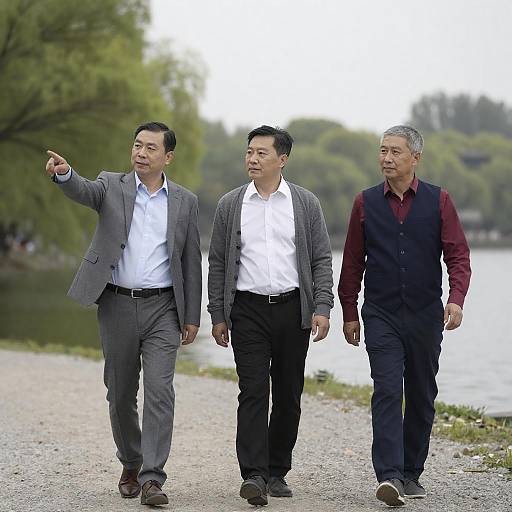 Three Men Strolling by a Lake