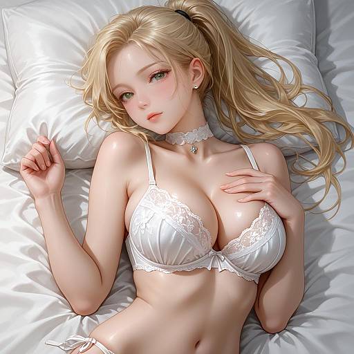 Blonde Woman in White Lingerie Lying on Bed