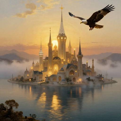 Photograph of a magical castle at sunset, illuminated with golden light, surrounded by mist, with a soaring black eagle in the sky.