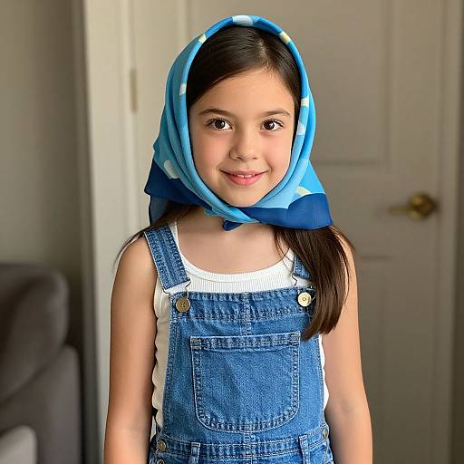 Photograph of a young girl with fair skin, dark hair, wearing a blue headscarf, denim overalls, white shirt, smiling softly,