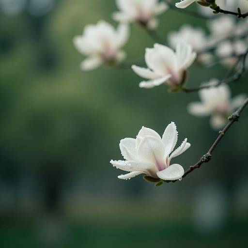 Close-up photograph of a white magnolia blossom with delicate petals and subtle pink tinges, blurred green background, capturing soft light and natural beauty.