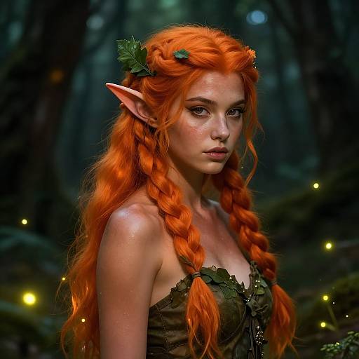 Digital artwork of a beautiful, fair-skinned elf woman with long, vibrant orange braided hair, pointed ears, wearing a green, leafy top
