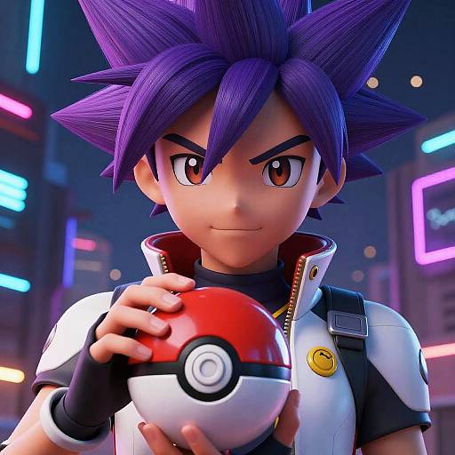 CGI image of purple-haired anime boy with spiky hair, holding Poké Ball, neon-lit urban background, wearing white and black jacket.