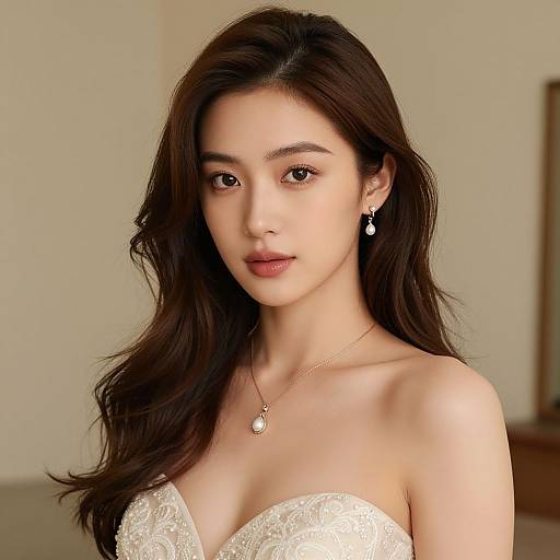 Photograph of an East Asian woman with long, wavy dark brown hair, wearing a white lace strapless dress, pearl necklace, and drop earrings