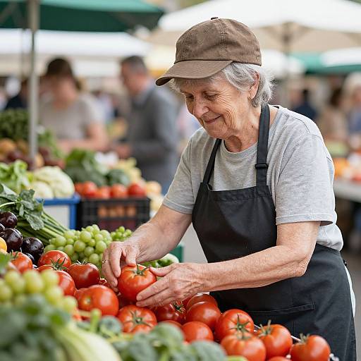Photograph of an elderly white woman with gray hair and brown cap, wearing a black apron, selecting ripe tomatoes at a bustling outdoor market.