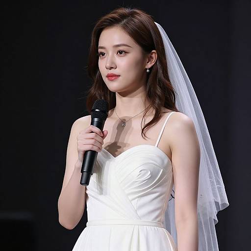 Photograph of an Asian woman with fair skin, wearing a white wedding dress, veil, and holding a microphone, standing against a black background.
