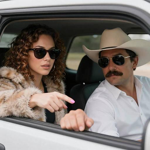 Couple in Car with Woman Pointing at Man's Hand
