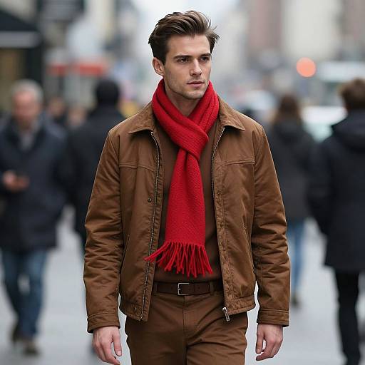 Photograph of a handsome man with dark hair, wearing a brown jacket, red scarf, and brown pants, walking in a blurred urban street with ind