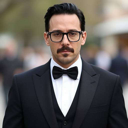 Photograph of a serious, mustached man with black glasses, wearing a black tuxedo, white shirt, and black bow tie, standing in