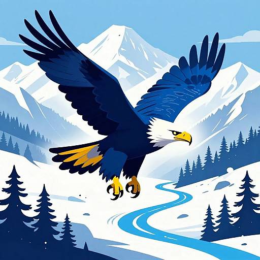 Digital illustration of a majestic bald eagle soaring over snowy mountains, blue river, and forest, with vibrant blue, white, and black colors.