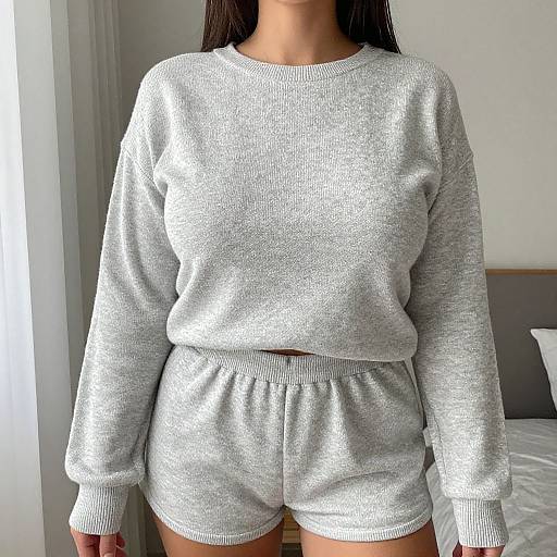 Photograph of a woman with long dark hair wearing a gray, long-sleeve, knit sweater and matching gray shorts, standing in a sunlit