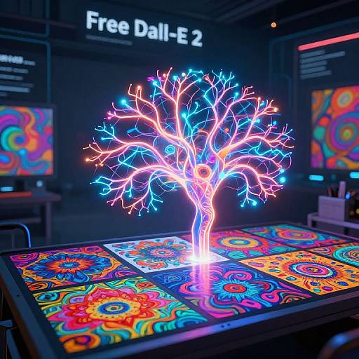Neon-lit, colorful tree sculpture on a vibrant, patterned table in a dark, modern art gallery with 