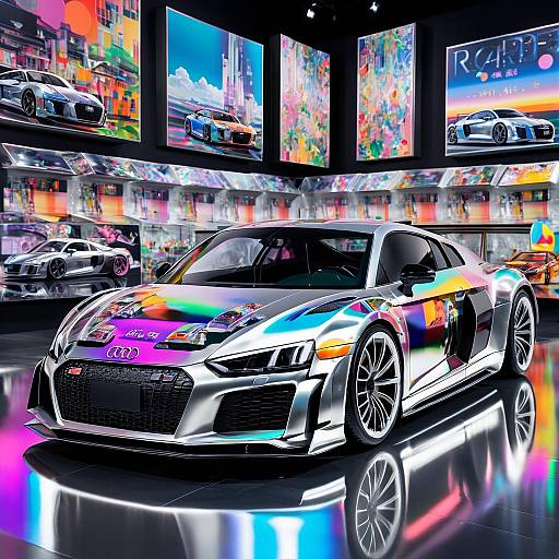 Shiny Silver Audi R8 with Vibrant Comic Art