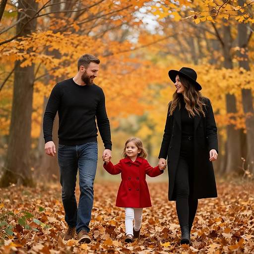 Joyful Family Walk in Autumn Forest