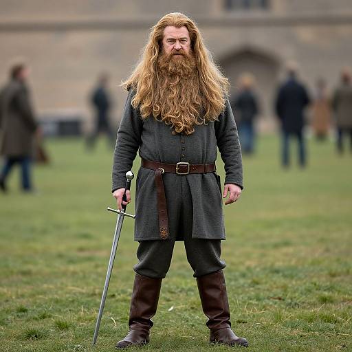 Photograph of a bearded man with long, wavy blonde hair, wearing a dark grey tunic, brown belt, and boots, holding a