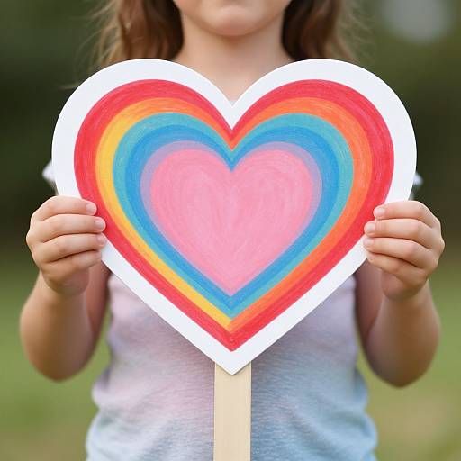 Photograph of a child holding a colorful, hand-painted heart with red, blue, yellow, and pink stripes, outdoors, wearing a white shirt