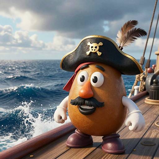 Cartoon pirate potato with black mustache, wide eyes, and skull hat stands on wooden ship deck, ocean waves crashing in background.