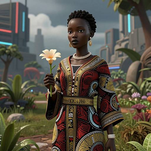 Digital illustration of an African woman with dark skin, short curly hair, wearing an ornate red and gold patterned dress, holding a white flower,