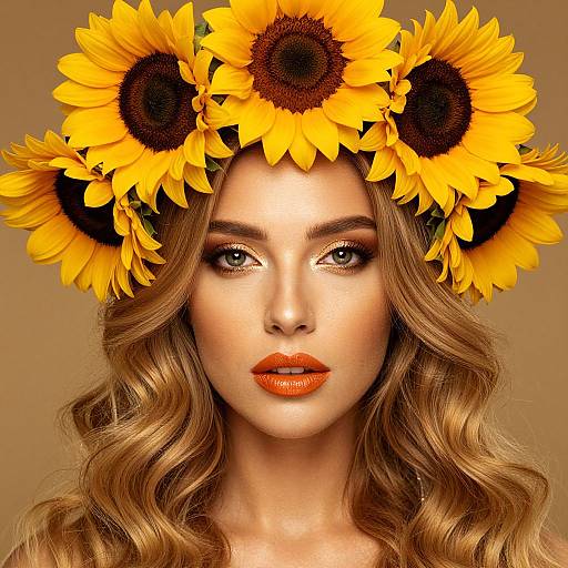 Digital portrait of a fair-skinned woman with wavy blonde hair, wearing a sunflower crown, orange lipstick, and golden eyeshadow, against