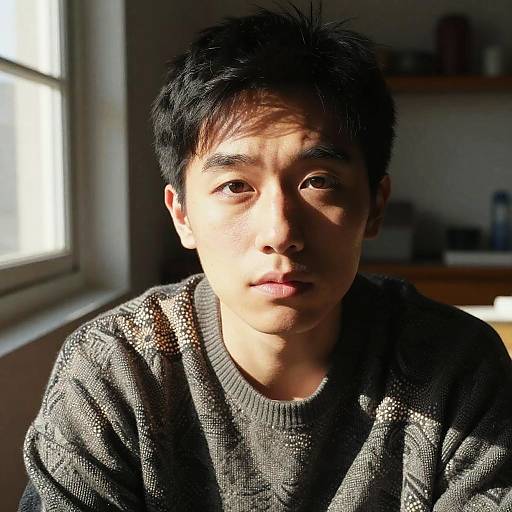 Photograph of an Asian man with short black hair, wearing a gray, patterned sweater, sitting in a sunlit room, looking directly at the