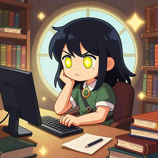 Chibi Anime Mage at Arcane Desk