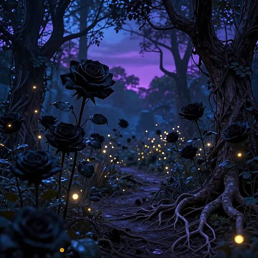 Dreamy, twilight forest path with dark blue roses, glowing fireflies, and twisted roots, illuminated by a purple and blue sunset sky. Digital art