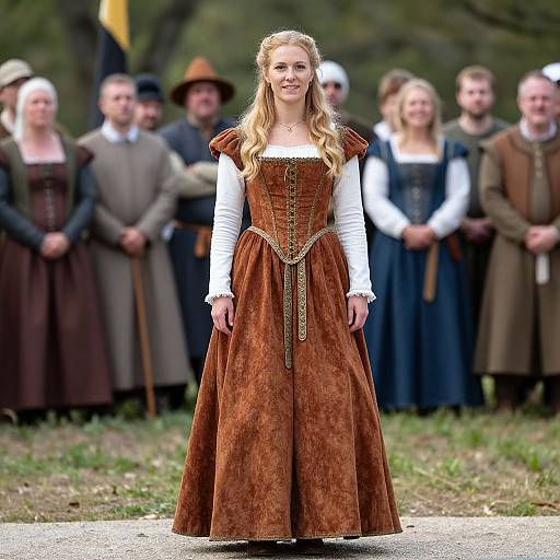 Photograph of a smiling young woman in a medieval-style, rust-brown velvet gown with white blouse, standing in front of a blurred group of similarly