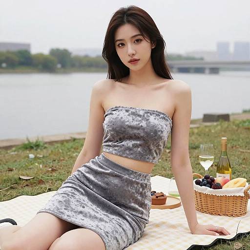 Chic Woman Riverfront Picnic Style