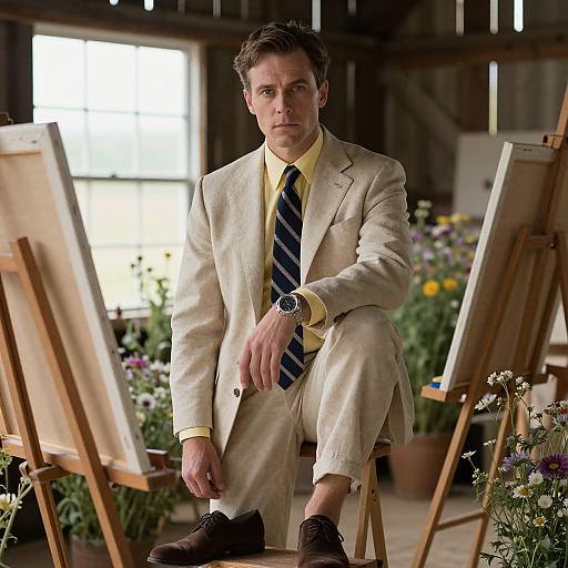 Photograph of a serious, brown-haired man in a cream suit, yellow shirt, and striped tie, seated between two easels in a sunlit