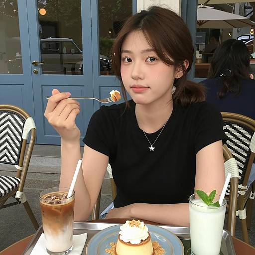 Asian Woman Enjoying Dessert at Outdoor Cafe