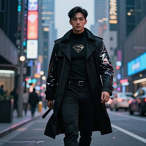 Photograph of a muscular Asian man in a black, glossy-coat, black t-shirt with Superman logo, walking down a neon-lit, busy