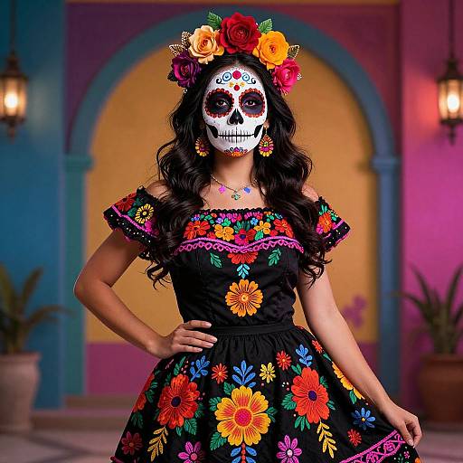 Photograph of a woman with a sugar skull face, wearing a colorful floral dress, flower crown, and ornate jewelry, standing in a vibrant,